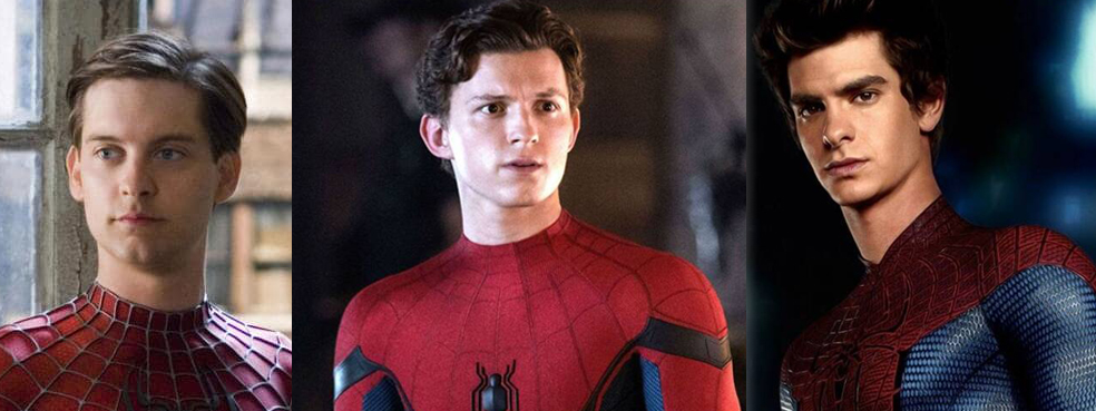 Tobey Maguire, Tom Holland, and Andrew Garfield with the portrayals of the Marvel Comics character, Spiderman.