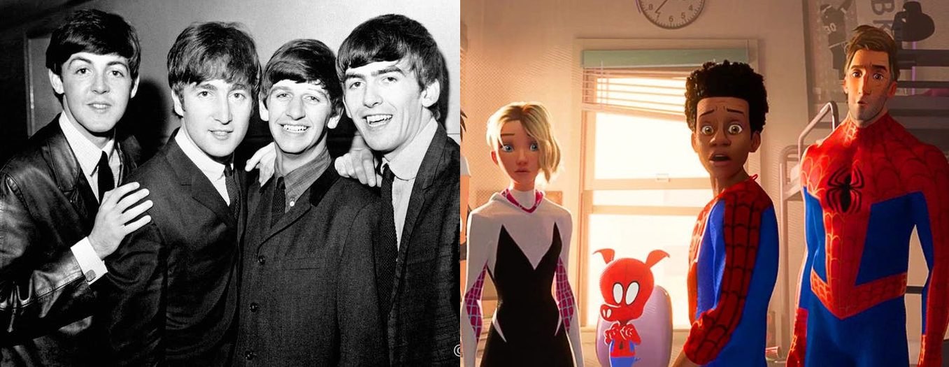 Paul MCartney, John Lennon, Ringo Starr and George Harrison of The Beatles and SpiderGwen, SpiderHam Miles Morales and Peter Parker of Spiderman -- Into The Multiverse.