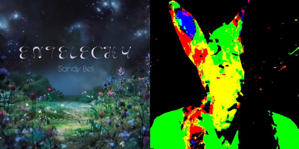 Cover of Sandy Bell's album Entelechy alongside a posterized image from her video "Monster Trying To Be A Lover,"