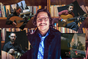 Composer Roberto Montoya with vignettes of his musical colleagues, , João Ferreira Martins, José Pedro Lima, and Nuno Silva.