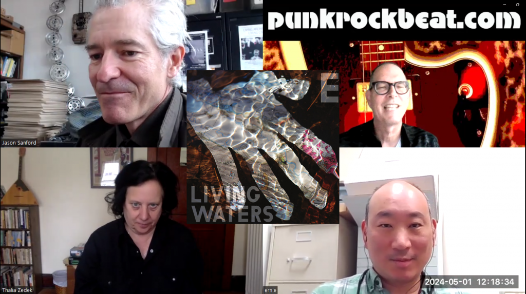 Screenshot of zoom talk with members of E, Thalia Zedek, Jason Sydney Sanford, and Ernie Kim.