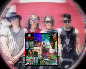 Photo of rock band Astari Nite, with their album cover for "Resolution Of Happiness' inset.