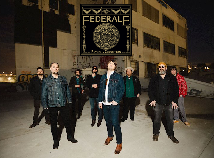 Photo of Portland's rock band Federale with album art from 'Reverb and Seduction'